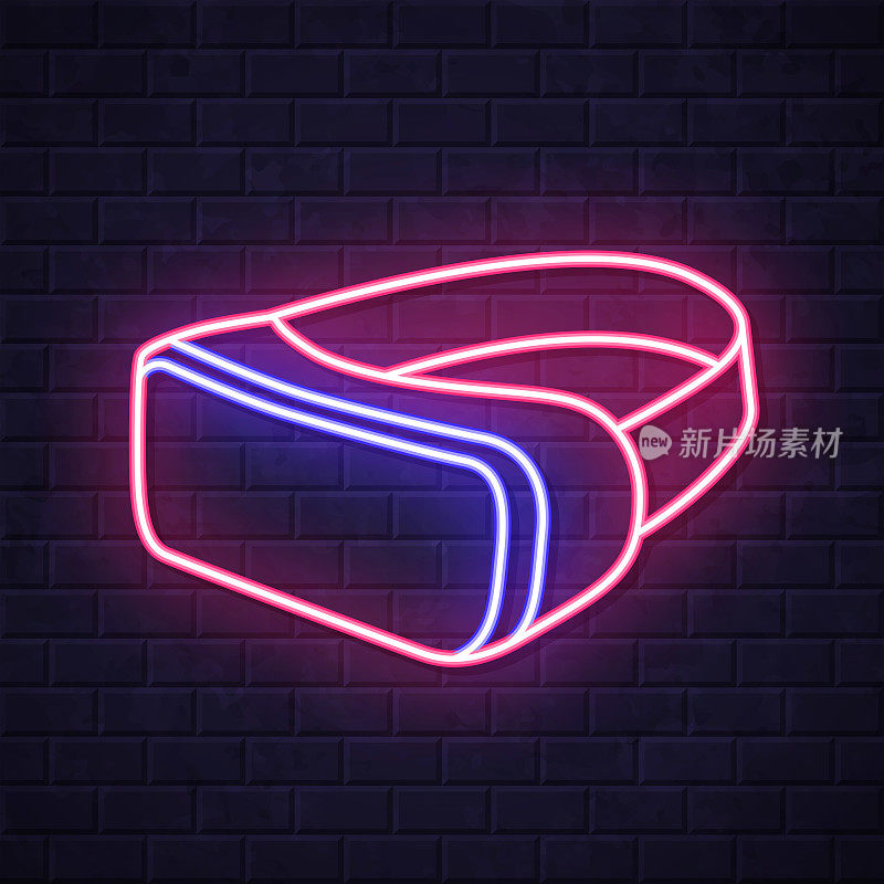 虚拟现实耳机- VR。在砖墙背景上发光的霓虹灯图标